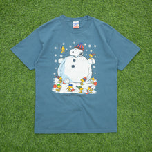 Load image into Gallery viewer, 1997 Snoopy Woodstock Peanuts Snowman ‘Winter is snow much fun’ Christmas Graphic Blue T-Shirt - L
