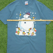 Load image into Gallery viewer, 1997 Snoopy Woodstock Peanuts Snowman ‘Winter is snow much fun’ Christmas Graphic Blue T-Shirt - L

