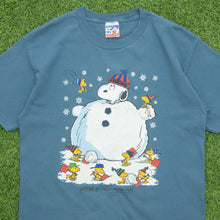 Load image into Gallery viewer, 1997 Snoopy Woodstock Peanuts Snowman ‘Winter is snow much fun’ Christmas Graphic Blue T-Shirt - L
