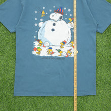 Load image into Gallery viewer, 1997 Snoopy Woodstock Peanuts Snowman ‘Winter is snow much fun’ Christmas Graphic Blue T-Shirt - L
