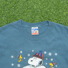 Load image into Gallery viewer, 1997 Snoopy Woodstock Peanuts Snowman ‘Winter is snow much fun’ Christmas Graphic Blue T-Shirt - L
