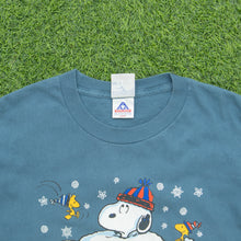 Load image into Gallery viewer, 1997 Snoopy Woodstock Peanuts Snowman ‘Winter is snow much fun’ Christmas Graphic Blue T-Shirt - L
