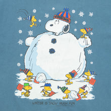 Load image into Gallery viewer, 1997 Snoopy Woodstock Peanuts Snowman ‘Winter is snow much fun’ Christmas Graphic Blue T-Shirt - L
