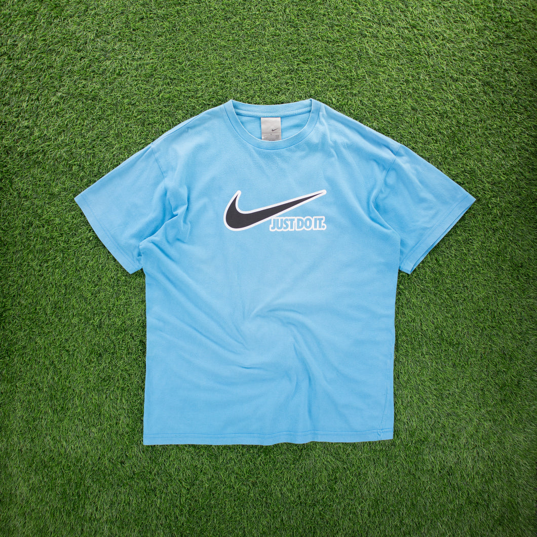 (2009) Nike Swoosh Just Do It Spell Out Graphic Light Blue T-Shirt - XL