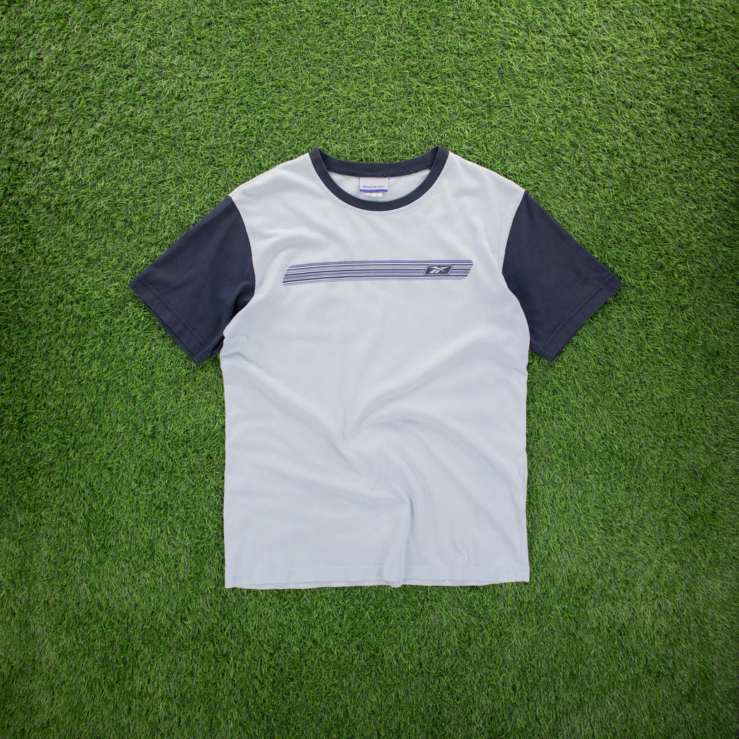 Reebok Gradient Stripe Graphic Light Blue Navy Raglan T-Shirt - S/M