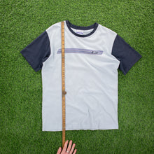 Load image into Gallery viewer, Reebok Gradient Stripe Graphic Light Blue Navy Raglan T-Shirt - S/M
