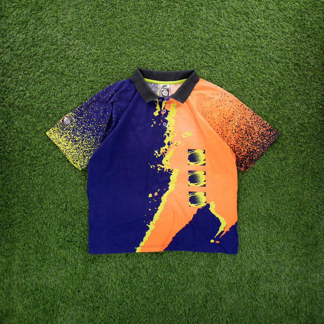 (1991) Nike Challenge Court Andre Agassi Tennis Multicolour Graphic Short Sleeve Polo Shirt - L