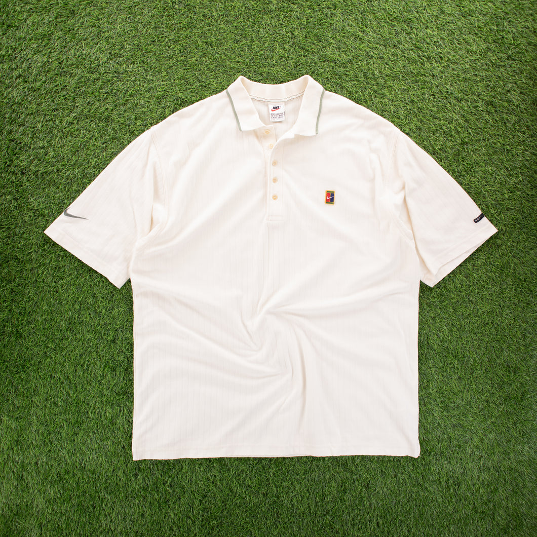 (1997) Nike Tennis Court Embroidered Pinstripe Cream Polo Shirt - XXL