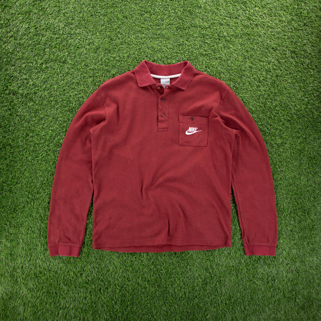 (2006) Nike Small Swoosh Pocket Embroidered Maroon Red Long Sleeve Polo Shirt - M