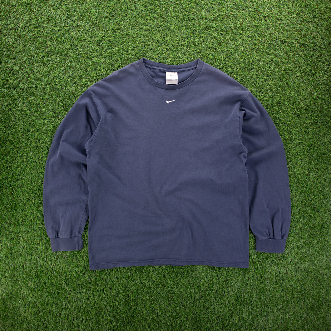 (2000) Nike Small Centre Swoosh Embroidered Navy Long Sleeve T-Shirt - L