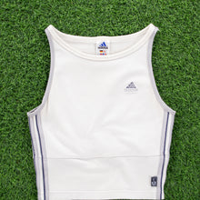 Load image into Gallery viewer, (1999) Women’s Adidas ClimaLite 3-Stripe Embroidered Off White Racer Vest Tank Crop Sports Top - M (8-10)
