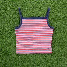 Load image into Gallery viewer, (2000) Women’s Nike Small Swoosh Embroidered Striped Red Light Blue Square Neck Halter Vest Crop Top - L (12-14)
