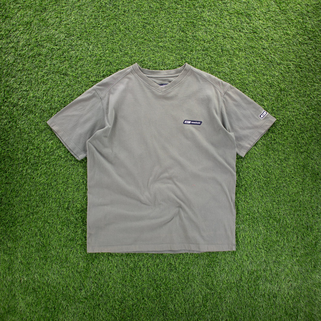 Reebok Small Spell Out Embroidered Grey V-Neck T-Shirt - M/L