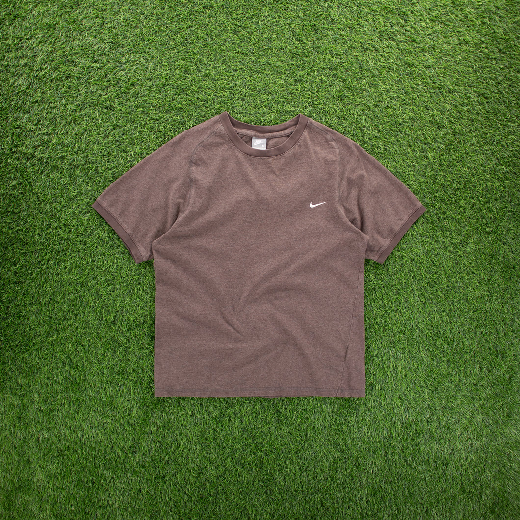 (2007) Nike Small Swoosh Embroidered Brown Ringer T-Shirt - M