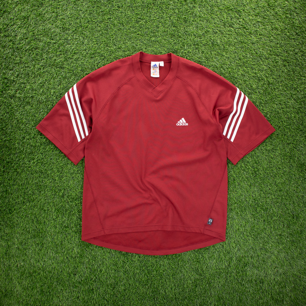 (2001) Adidas Climalite 3-Stripe Breathable Mesh Red V-Neck Sports T-Shirt - L