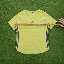 Load image into Gallery viewer, (1999) Women’s Adidas 3-Stripe Centre Logo Embroidered Lime Green V-Neck Ribbed Top - L (14)
