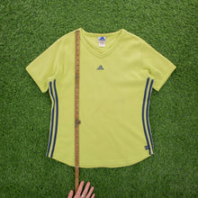 Load image into Gallery viewer, (1999) Women’s Adidas 3-Stripe Centre Logo Embroidered Lime Green V-Neck Ribbed Top - L (14)
