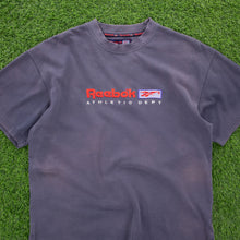 Load image into Gallery viewer, Reebok Athletic Dept Spell Out Embroidered Logo Textured Navy T-Shirt - XL
