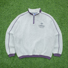 Load image into Gallery viewer, Adidas Originals Since 1949 Spell Out Logo Embroidered Piping Ribbed Boxy Light Grey Purple Quarter Zip Jumper - L
