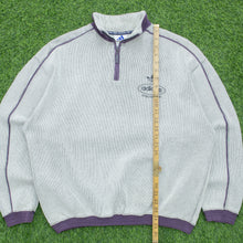 Load image into Gallery viewer, Adidas Originals Since 1949 Spell Out Logo Embroidered Piping Ribbed Boxy Light Grey Purple Quarter Zip Jumper - L
