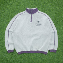 Load image into Gallery viewer, Adidas Originals Since 1949 Spell Out Logo Embroidered Piping Ribbed Boxy Light Grey Purple Quarter Zip Jumper - L
