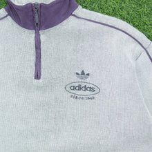 Load image into Gallery viewer, Adidas Originals Since 1949 Spell Out Logo Embroidered Piping Ribbed Boxy Light Grey Purple Quarter Zip Jumper - L
