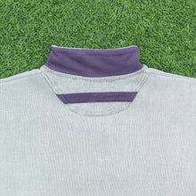 Load image into Gallery viewer, Adidas Originals Since 1949 Spell Out Logo Embroidered Piping Ribbed Boxy Light Grey Purple Quarter Zip Jumper - L
