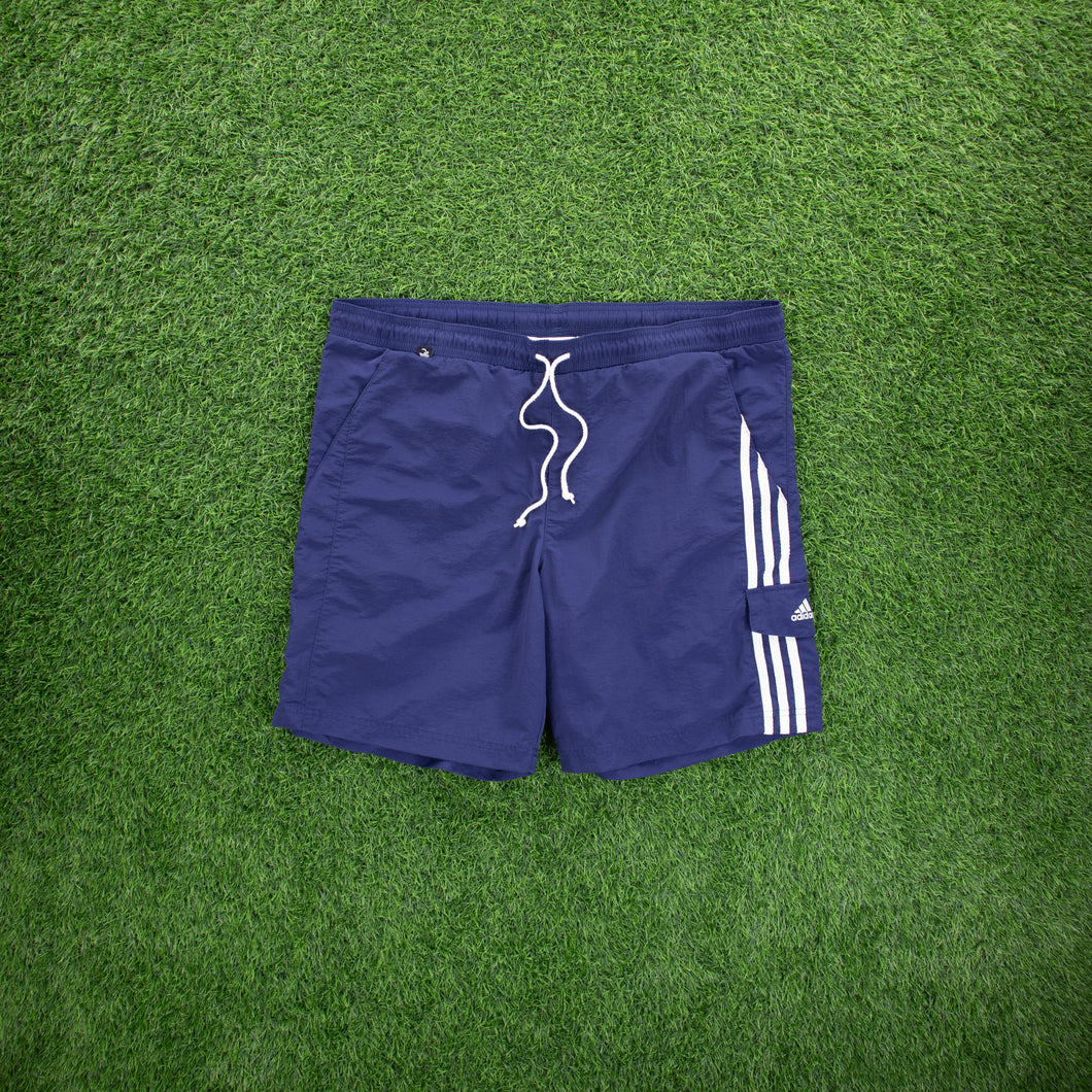 (2003) Adidas 3-Stripe Embroidered Pocket Navy Swim Sports Cargo Shorts - M/L (32/34”)