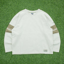 Load image into Gallery viewer, 2001 Nike Small Swoosh Embroidered Logo Stripe Taping Varsity Waffle Boxy V-Neck Beige Brown Sweatshirt - M

