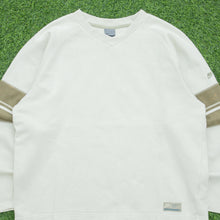 Load image into Gallery viewer, 2001 Nike Small Swoosh Embroidered Logo Stripe Taping Varsity Waffle Boxy V-Neck Beige Brown Sweatshirt - M
