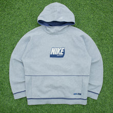 Load image into Gallery viewer, 2002 Nike Just Do It Spell Out Graphic Small Swoosh Embroidered Piping Boxy Pullover Grey Navy Hoodie - L/XL
