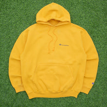 Load image into Gallery viewer, Champion Small Spell Out Graphic Embroidered Logo Drawstring Boxy Pullover Yellow Hoodie - L
