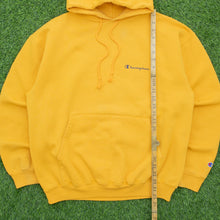 Load image into Gallery viewer, Champion Small Spell Out Graphic Embroidered Logo Drawstring Boxy Pullover Yellow Hoodie - L
