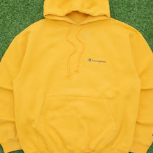Load image into Gallery viewer, Champion Small Spell Out Graphic Embroidered Logo Drawstring Boxy Pullover Yellow Hoodie - L
