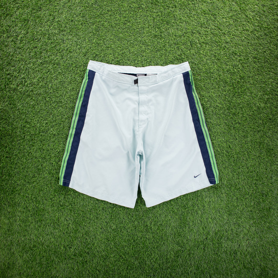 (2001) Nike Small Swoosh Embroidered Stripe Taping Velcro Light Blue Sports Shorts - L (32/34”)