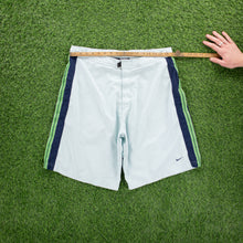 Load image into Gallery viewer, (2001) Nike Small Swoosh Embroidered Stripe Taping Velcro Light Blue Sports Shorts - L (32/34”)
