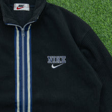Load image into Gallery viewer, Nike Small Spell Out Swoosh Embroidered Logo Ribbed Stripe Taping Full Zip Black Fleece - M

