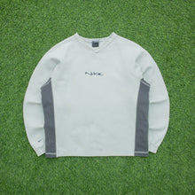 Load image into Gallery viewer, Women’s 2000 Nike Spell Out Embroidered Small Swoosh Logo V-Neck Boxy Beige Grey Sweatshirt - L (14-16)
