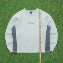 Load image into Gallery viewer, Women’s 2000 Nike Spell Out Embroidered Small Swoosh Logo V-Neck Boxy Beige Grey Sweatshirt - L (14-16)
