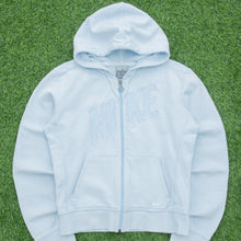 Load image into Gallery viewer, Women’s 2004 Nike Spell Out Small Swoosh Embroidered Mesh Logo Zip Up Light Blue Hoodie - M (10-12)
