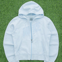 Load image into Gallery viewer, Women’s 2004 Nike Spell Out Small Swoosh Embroidered Mesh Logo Zip Up Light Blue Hoodie - M (10-12)
