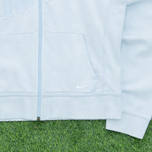 Load image into Gallery viewer, Women’s 2004 Nike Spell Out Small Swoosh Embroidered Mesh Logo Zip Up Light Blue Hoodie - M (10-12)
