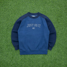 Load image into Gallery viewer, Women’s Nike Just Do It Spell Out Embroidered Small Swoosh Raglan Crewneck Navy Blue Sweatshirt - M (10-12)
