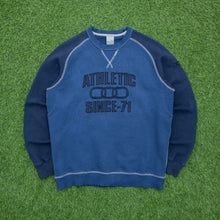 Load image into Gallery viewer, 2004 Nike Athletic 71 Spell Out Embroidered Small Swoosh Contrast Stitch Raglan Crewneck Navy Sweatshirt - M
