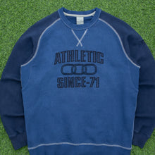 Load image into Gallery viewer, 2004 Nike Athletic 71 Spell Out Embroidered Small Swoosh Contrast Stitch Raglan Crewneck Navy Sweatshirt - M
