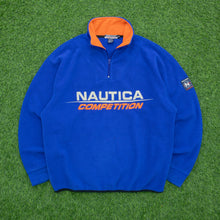 Load image into Gallery viewer, 1999 Nautica Competition USA Spell Out Embroidered Pullover 1/4 Quarter Zip Oversized NauTech Blue Orange Fleece - M/L
