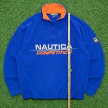 Load image into Gallery viewer, 1999 Nautica Competition USA Spell Out Embroidered Pullover 1/4 Quarter Zip Oversized NauTech Blue Orange Fleece - M/L
