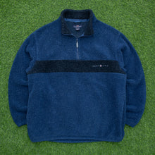 Load image into Gallery viewer, 2000 GANT Sport USA Small Spell Out Embroidered Two Tone Stripe Oversized 1/4 Quarter Zip Sherpa Navy Fleece - L
