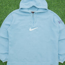 Load image into Gallery viewer, Women’s 1999 Nike Large Swoosh Sleeve Spell Out Embroidered Boxy 1/4 Quarter Zip Light Blue Hoodie - M (10-12)
