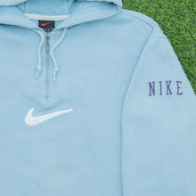 Load image into Gallery viewer, Women’s 1999 Nike Large Swoosh Sleeve Spell Out Embroidered Boxy 1/4 Quarter Zip Light Blue Hoodie - M (10-12)
